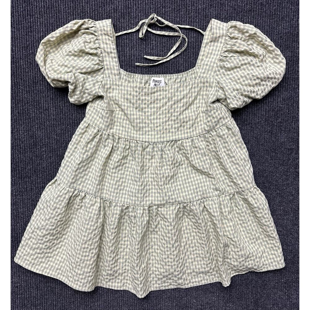 Princess Polly Green Gingham Spring Picnic Smocked Puff Sleeve Mini Dress Size 6